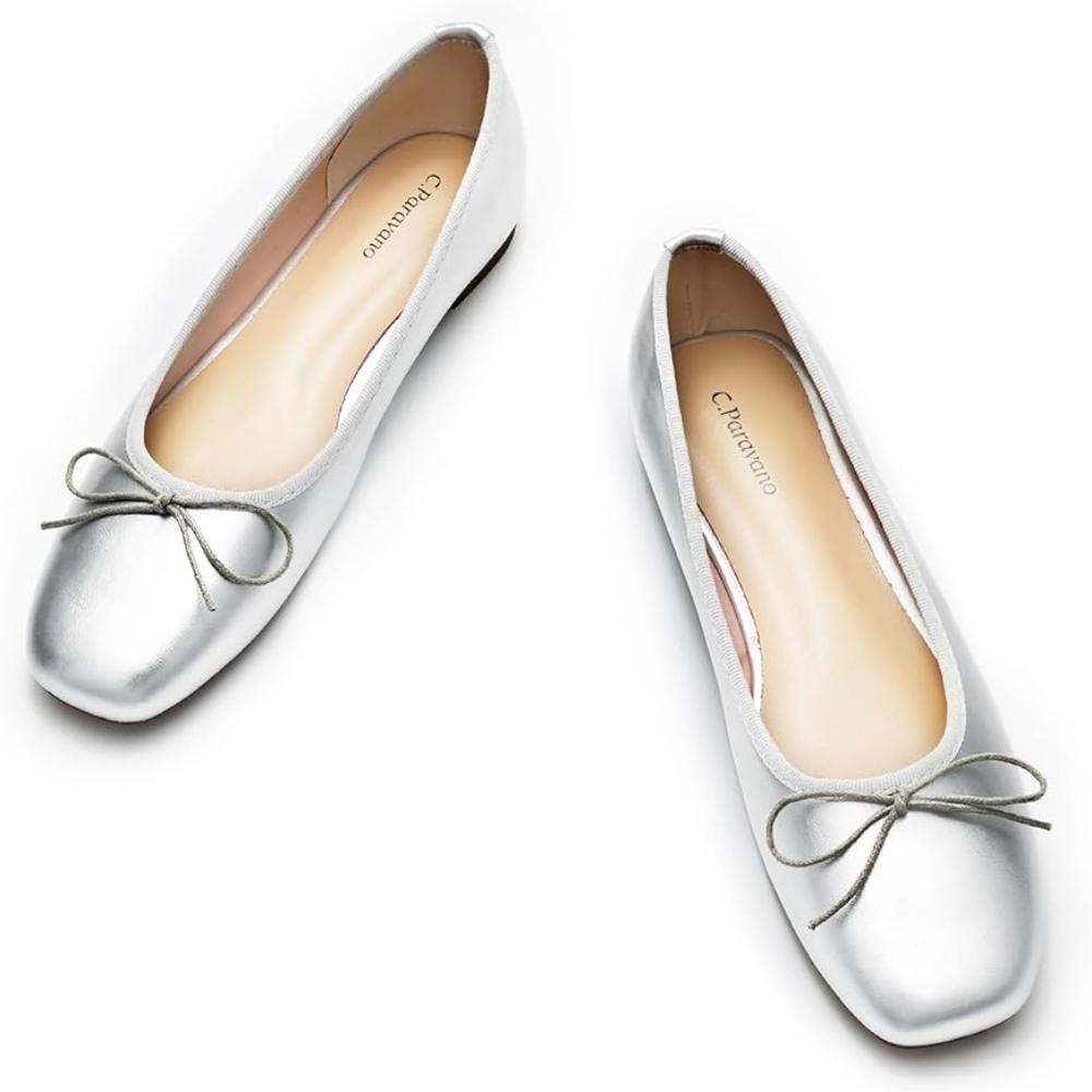 C. Porcarino Silver Ballet Flats with Bow